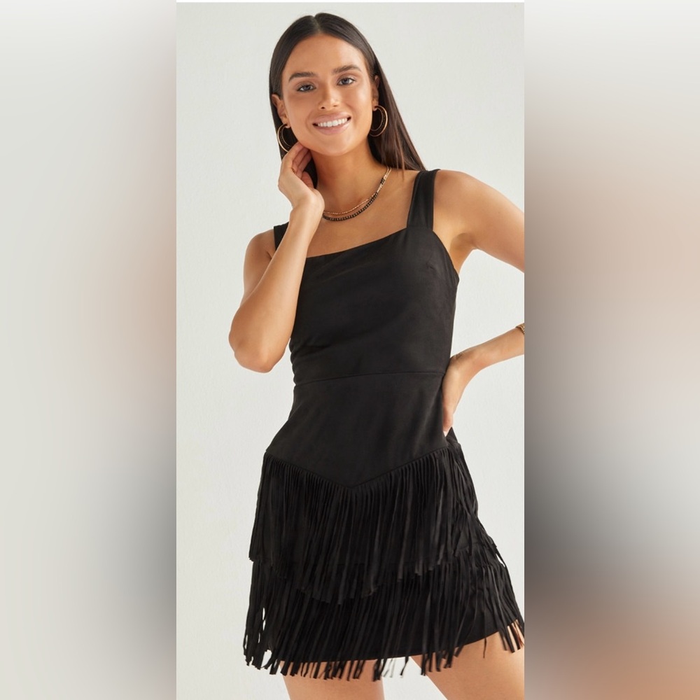 Faux Suede Fringe Mini Dress, Dark Green